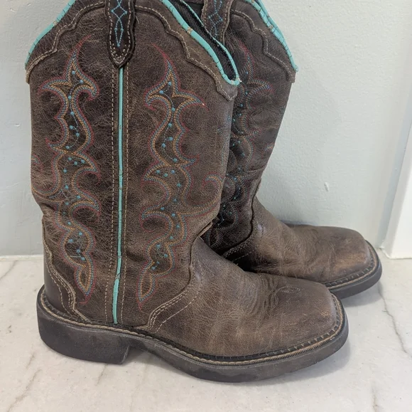 Justin Boots Gypsy Raya Brown and Teal Cowboy Boots Women's Size 7 - Picture 3 of 13